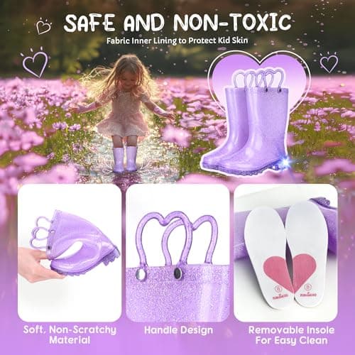 Funspread Girls Toddler Rain Boots - Glitter Light Up Kids Rain Boots with Easy-On Handles, Size 6 - Thumbnail 3
