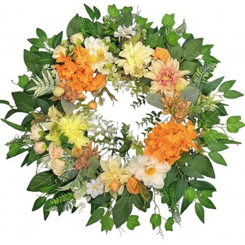 24" Large Wreath for Front Door - Artificial Orange Hydrangea Peony Yellow Dahlia Wreath - Summer Floral Farmhouse Porch Decor, Sun-Kissed Welcome Sign for Wall & Window - Image 1