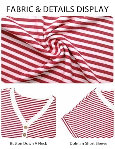 Womens Summer Tops Striped Henley Shirts Dolman Short Sleeve Tops Dressy Casual V Neck Trendy T-Shirt Loose Fit Comfy Button Blouses (Red, XX-Large) - Thumbnail 6