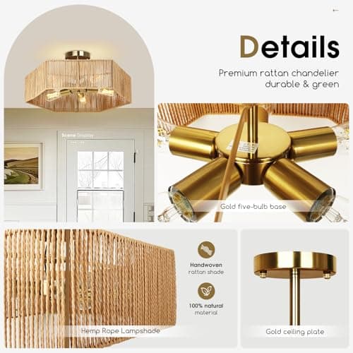 Tadpole Jump Boho Light Fixtures 5-Light Rattan Light Fixture 21.2" Bohemian Ceiling Light Fixture for Bedroom Living Room Dining Room, Bulb NOT Included - Thumbnail 3