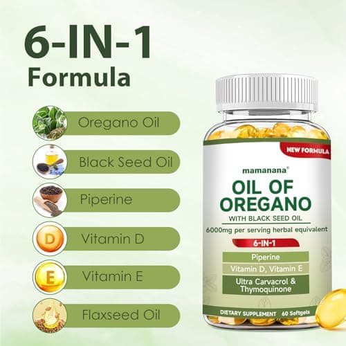 Oil of Oregano with Black Seed Oil Softgels, 6 in 1 Oregano Oil Capsules Organic 6000mg High Potency Carvacrol&Thymoquinone, Non GMO Natural Antioxidants Immune Support Supplement - 60 Capsules - Thumbnail 2