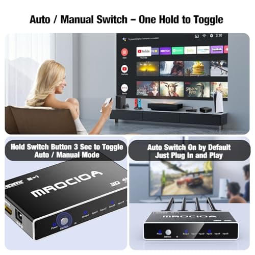 Mrocioa HDMI 2.0 Switch 5 in 1 Out with Remote, 4K@60Hz Splitter Switcher, HDCP 2.3, ALLM/VRR, Dolby Vision/HDR10+/Atmos, Aluminum+Acrylic, for PS5/4, Xbox, Apple TV, Fire TV - Thumbnail 4