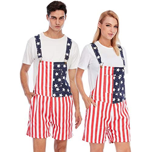 Jumpfolia Unisex Patriotic American Flag Print Denim Bib Overall Shorts Jeans - Mens & Womens One Piece Jumpsuit (F04-3XL - Thumbnail 4