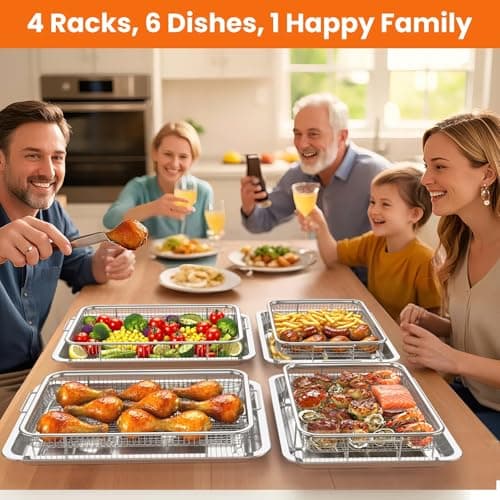 Xumilas Air Fryer Basket for Oven, 2 Set Stainless Steel Pan & Crisper Tray (15"x11" &12.8"x9.7") with 60 Parchment Papers, Family-Size Non-Stick Oven Basket for Baking Chicken, Fries, Dishwasher Safe - Thumbnail 2