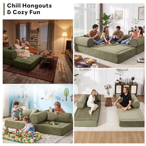 Tbfit 79'' Folding Boneless Couch, Oversized Corduroy Convertible Sofa Bed, Futon Mattress Sleeper Sofa, Comfy Foldable Upholstered Floor Couches for Living Room, Green - Thumbnail 3