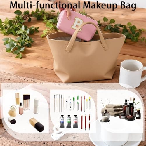 Makeup Bag Initial Preppy Patch Bag,Small PU Leather Travel Cosmetic Bag Pouch with Zipper, Pink Cute Toiletry Bag,Gift Ideal for Teen Girls Women Birthday Friend Mom, Latter B - Thumbnail 5