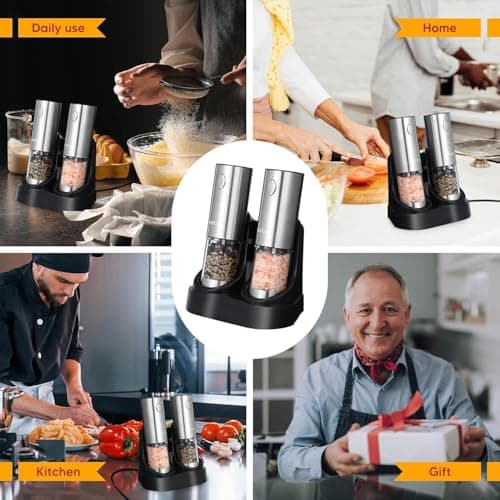 Electric Salt and Pepper Grinder Set with Charging Base - One Handed Automatic Spice Mill, Adjustable Coarseness Pepper Grinder, LED Light, Stainless Steel for Modern Kitchen & BBQ - Thumbnail 6