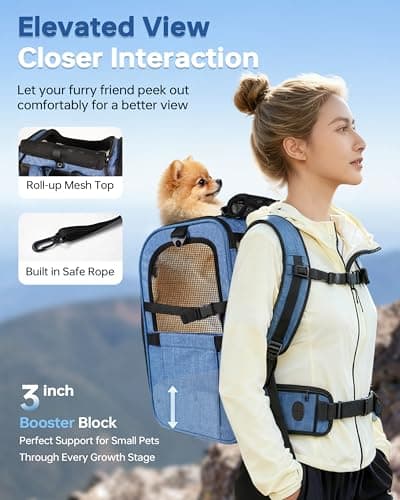 Hiking Dog Carrier Backpack, Padded Height-Enhancing Design, Adjustable Waist Cushioning Belt with Breathable Padded Back Support, Dog Carrier Backpack for Small Dogs Max 13LB Blue with Pad - Thumbnail 3
