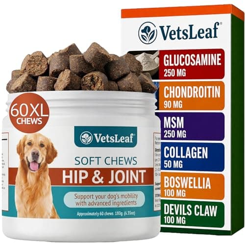 VetsLeaf Hip and Joint Supplement for Dogs - Glucosamine, Chondroitin & MSM with Collagen, Boswellia & Devils Claw - 6g Per Chew - Made in USA - 60 Count