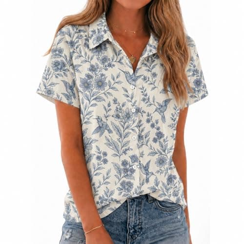 Chicwave Womens Button Down Shirts Blue Bird Floral Short Sleeve Summer Camp Shirts V Neck Blouses Dressy Casual Work Office Vacation Tops