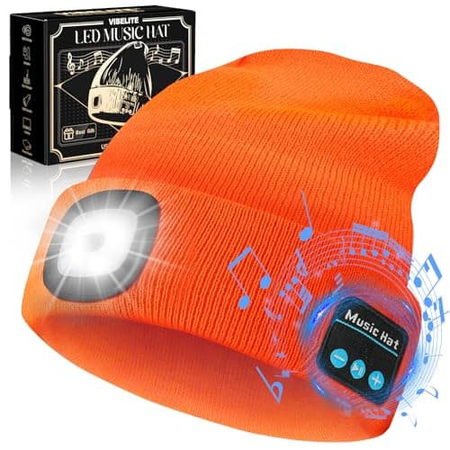 VIBELITE Bluetooth Beanie Hat with Light, USB Rechargeable LED Headlamp with Wireless Headphones, Fathers Day Gift for Dad, Husband, Gifts for Men, Dad Gifts from Daughter, Wife, Orange - Image 1