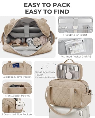 Percover Gym Bag for Women, Lightweight Quilted Travel Duffle Bag & Weekend Bag, Carry On Gym Duffle with Organized Compartments for Yoga & Short Trips, Camel - Thumbnail 3