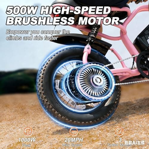 AVDLBIKE Electric Bike, 16'' Fat Tire eBike for Adults, 500W E-Bike with 36V/12.8Ah Removable Battery, 20 MPH 45 Mile Range Commuting Road Electric Mountain Bike with Dual Disc Brakes Pink A13 - Thumbnail 5
