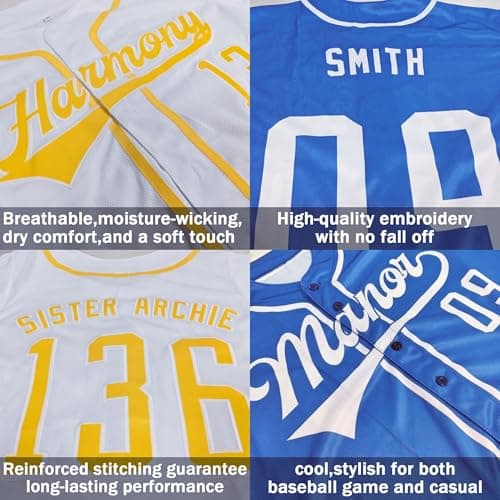 Blue Yellow Team Name Custom Men Baseball Jersey Softball T Shirts Women Customized Youth Button Down Stitched or Printed Names Numbers Personalized Designs - Thumbnail 3