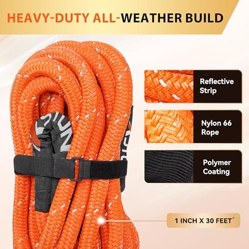 XSTUN 1" x30ft Kinetic Recovery Rope, 35% Stretch - 48K lbs Snatch Rope for Offroad & Snow Rescue, Includes Level 5 Cut-Resistant Gloves, Compatible with Jeep, Truck & ATV (Orange) - Thumbnail 2