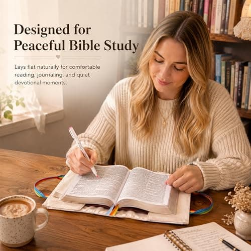 Bible Cover for Women, Zipper-Free Canvas Bible Case with Handle, Lay-Flat Design, Protective Lining, Exterior Pockets & Ribbon Bookmarks, Christian Gift for Women (2 Sizes) (Pink-Rainbow, Large) - Thumbnail 4