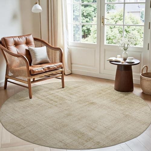 Joydeco 6ft Round Washable Area Rug, Beige Non-Slip Large Circle Carpet, Vintage Low Pile Round Rug for Living Room Bedroom Dining Room