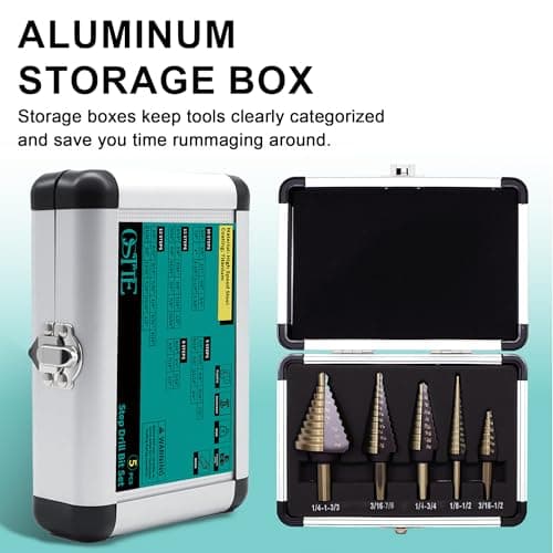 OSTTE Step Drill Bit Set 5PCS, 50 Sizes HSS Titanium Coated Step Bits for Metal Stainless Steel Aluminum Iron Wood Plastic, with Aluminum Case - Thumbnail 6