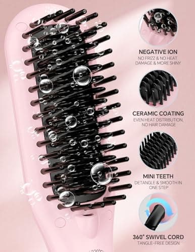 LANDOT Mini Hair Straightening Brush - Compact Heated Ionic Straightener Brush for Frizz-Free, Smooth Results, Lightweight Hot Comb & Travel Flat Iron Perfect for Short Medium Hair, Blush - Thumbnail 4