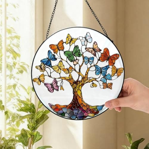 Zizzie Stained Glass Tree of Life Suncatcher - 7.9" Real Glass Blue Butterfly Leaves Window Hanging, Weatherproof Spiritual Rebirth Decor, Sympathy Memorial Healing Gift for Mom Women - Thumbnail 4