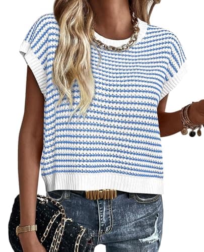 ATHMILE Sleeveless Sweater Tops for Womens Short Sleeve Spring Summer Striped Round Neck Pullover Knit Cute Fashion Vest Blue - Image 1