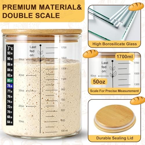 Sourdough Starter Jar, 50 oz Large Sourdough Jar with Time Keeper, Thermometer, Scraper, Wide Mouth Glass Sourdough Starter Kit for Beginners and Professional Bakers - Thumbnail 5