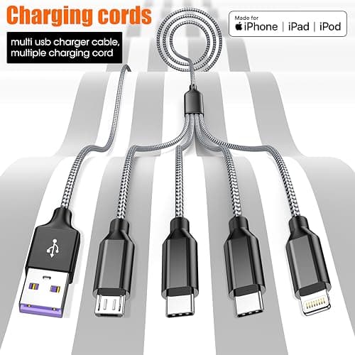 Multi Charging Cable 4ft 2Pack, Doub Tyep-C 4 in 1 Charging cable Nylon Braided Lightning iPhone Charger,Universal Charger Phone Cord With Type-C,Micro USB,IP Port for iPhone17-5/Android -Black Grey - Thumbnail 5