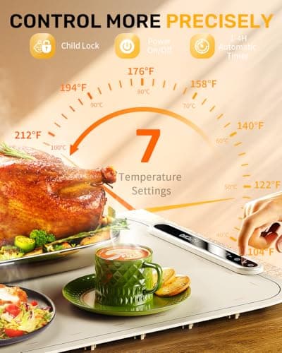 Warming Mat for Food, VEPOKA Food Warmer Mat for Countertop, Electric Warming Tray with 7 Temp Levels & Auto Shut-Off, Food Warmers for Parties, Ideal Gift for Kitchen & Buffet Use - Thumbnail 2