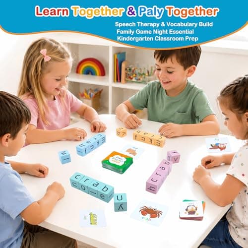 Humerry Spelling Games for Kids Ages 3-8, Phonics Matching Game with 54 Flash Cards & 20 Letter Blocks, CVC & Sight Word Building Reading Game, Classroom Must Haves for Preschool & Kindergarten - Thumbnail 2