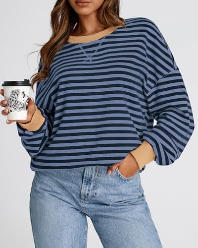 BTFBM Sweatshirt For Women 2026 Summer Crewneck Long Sleeve Oversized Striped Pullover Tops Y2K Clothes Workout Shirt(Blue Navy, X-Large) - Thumbnail 5