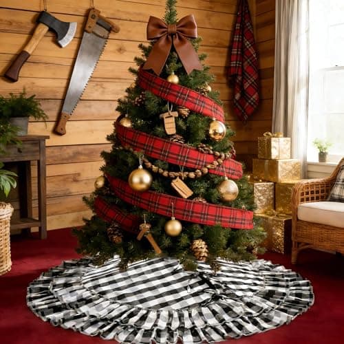 Black and White Buffalo Plaid Christmas Tree Skirt with Ruffles, Christmas Gingham Tree Skirt Farmhouse Style 48 Inches, Rustic Winter Xmas Holiday Tree Decorations for Easter Party - Thumbnail 6