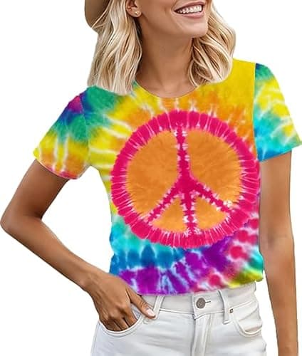 Women Hippie Shirt 60s 70s Tie Dye Hippie Costume T-Shirt Peace Love Tshirt Vintage Graphic Tee Tops