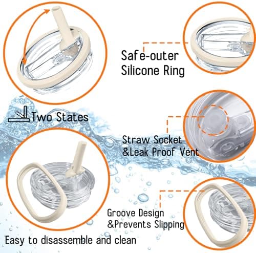 Aooiiysd 2 Pack Stanley Flip Straw Lid, Replacement Fit for 40 oz Stanley Quencher H2.0 (Only), Spill-Proof Design, High-End Anti-Fall And Heat-Resistant Material (Beige and Black Set) - Thumbnail 2