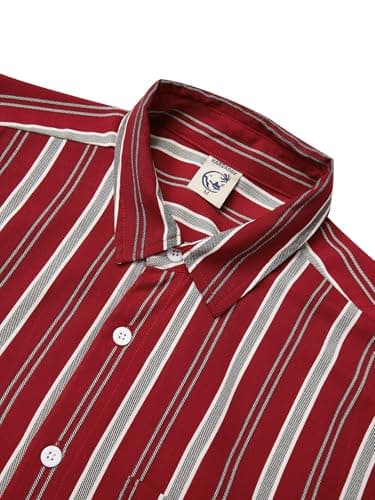 Hardaddy Men's Classic Color Contrast Striped Shirt Long Sleeve Casual Button Down Shirts Blouse Wine Red 3XL - Thumbnail 3