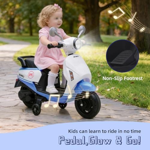 HEIMILI Toddler Motorcycle, 6V Kids Electric Moped for 1-3 Years, Ride On Scooter with Training Wheels, 2 MPH Speed Toy Bike for Boys Girls, Music & Headlight (Blue) - Thumbnail 6