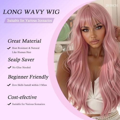 Barbique Synthetic Wig with Bangs, Pink Long Wavy Wig, Synthetic Hair, Heat Resistant Fiber, Natural Looking Glueless Ready to Wear for Work Party Daily Use Beginner Friendly - Thumbnail 3
