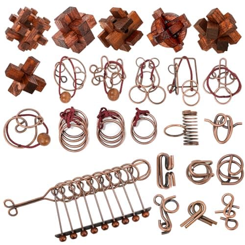 24 Pcs Brain Teaser Puzzles for Kids Adults - Metal and Wooden Puzzles for Adults Teens, Unlock Interlocking Puzzle IQ Education Smart Toys,Difficult Magic Brain Teaser Puzzle