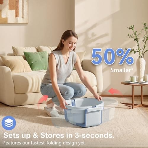 Collapsible Baby Bathtub - Large Baby Bath Tub with Thermometer | Bath Essential Bañera para Bebe Easy Fold Baby Tub | Travel Infant Newborn Toddler Bathtub for Baby Girl Boy 0 to 36 Months (Blue) - Thumbnail 6