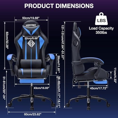 HOFFREE RGB Gaming Chair with Speakers Massage Computer Gaming Chair with LED Lights and Footrest High Back Video Game Chair for Adults Blue and Black - Thumbnail 2