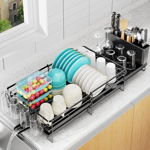 Pantasia Large Dish Drying Rack, Expandable Dish Rack for Kitchen Counter, Dish Drainer with Drainboard Set, Multifunctional Dishrack with Utensil & Cup Holder, 13.4"-28.7" L x 11.8" W x 7.4" H, Black - Image 1