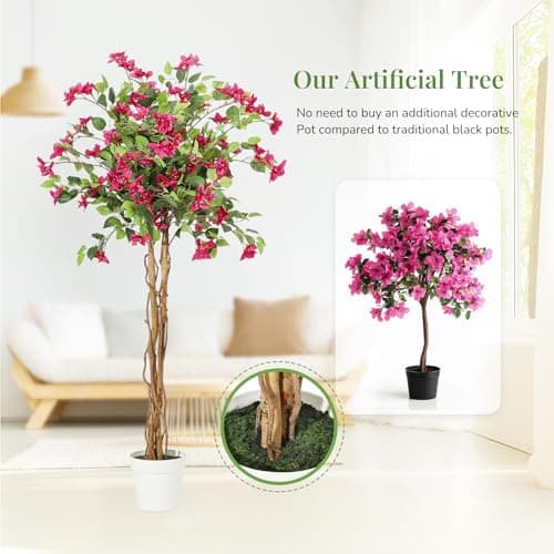 GarveeHome 6 ft Artificial Bougainvillea Tree, Tall Potted Fake Tree Indoor, Faux Tree with Wood Trunk and Pink Flowers for Outdoor - Thumbnail 5