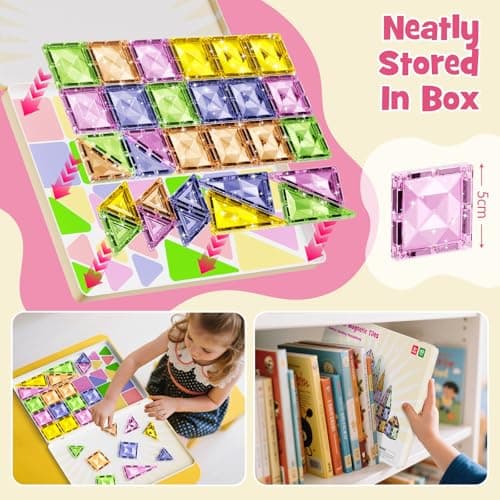 Magnetic Tiles for Kids Ages 4-8, Magnetic Blocks Travel Set with Diamond Surface & Metal Storage Box, 60PCS STEM Learning Toys, Educational Building Gifts for 3-8 Year Olds - Thumbnail 6