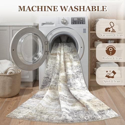 5x7 Area Rugs Living Room Rug: Washable Neutral Modern Abstract Soft Thin Rug Non-Slip Stain Resistant Carpet for Bedroom Under Dining Table Nursery Home Office - GoldBrown - Thumbnail 2