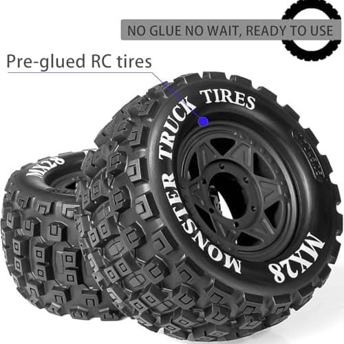MX28 2.8" Tire and Wheels Pre-Glued All-Terrain MT Tires with 12mm/14mm Hexes - 1/10 Scale RC Truck Tires for ARRMA Big Rock, Granite, Senton, Vorteks, Traxxas Slash, Stampede Rustler, Hoss - Thumbnail 3