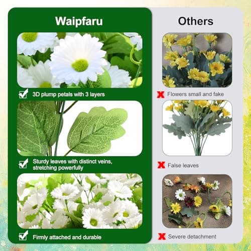 Waipfaru Artificial Flowers for Outdoors Faux Plants, UV Resistant Artificial Outdoor Flowers, White Silk Daisy Realistic Fake Mums Flower for Front Porch Spring Home Planter Patio Decor, 6 Bundles - Thumbnail 3
