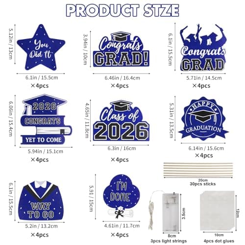 Graduation Decorations 2026 Graduation Party Decorations 32Pcs Blue Graduation Table Centerpiece Sticks with String Lights for College High School Congrats Grad Party Decor Supplies Favors Photo Props - Thumbnail 3