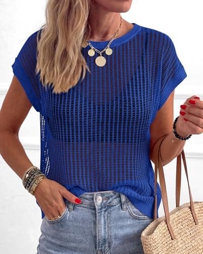 KIRUNDO Crochet Tops for Women 2026 Summer Beach Vacation Clothes Cover Up Mesh Top Lightweight Sweater Cruise Resort Wear(Blue, Large) - Thumbnail 5