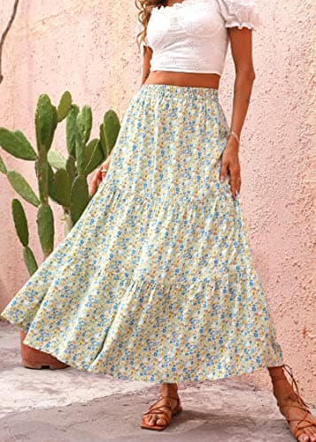 KIRUNDO Women 2026 Spring Summer High Waist Boho Floral Maxi Skirt Trendy Casual Flowy Swing Pleated A Line Beach Long Skirts(Light Blue, Medium) - Thumbnail 4