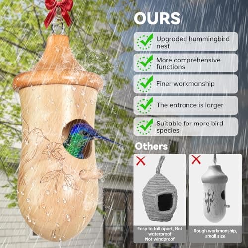 Hummingbird House, Solid Wood Hummingbird Houses for Outside-Exquisitely Handcrafted Birdhouse with Ribbon and String Hanging Kit, Durable Garden Decor, Perfect Gardening Gift (Style-ABC, 3 Pack) - Thumbnail 3