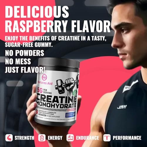 Natures Aid NSF Certified Creatine Gummy 5g - Creatine Monohydrate Gummies – Pre-Workout Energy & Muscle Growth Support for Men & Women | Peach Electrolyte Gummies (135 Count) - Thumbnail 6
